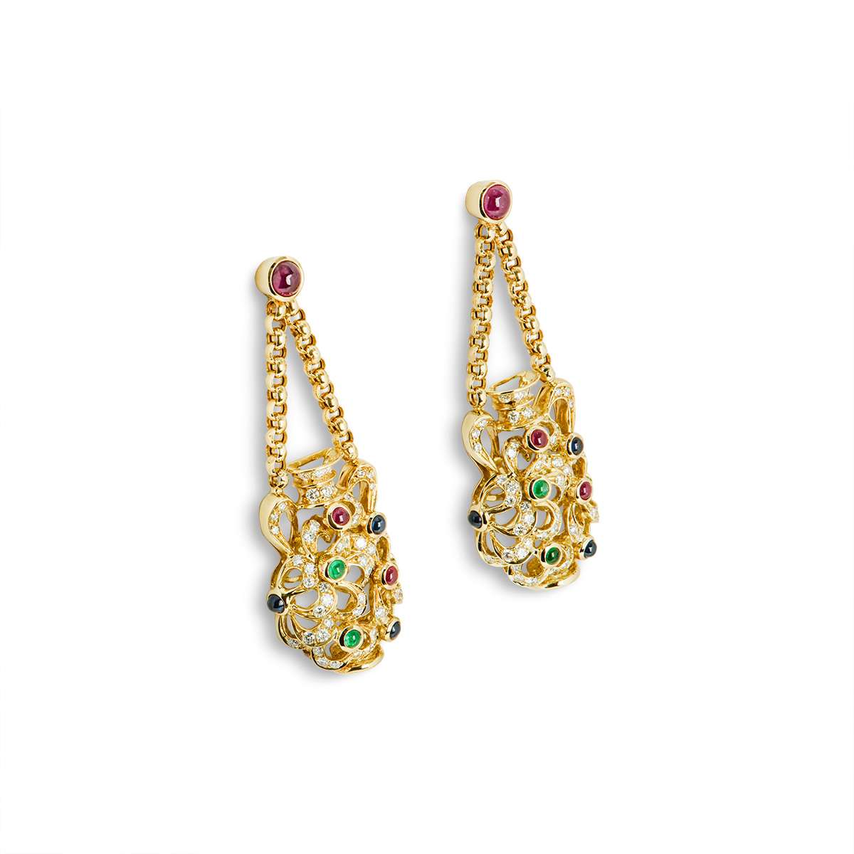 Yellow Gold Multi-Gemstone and Diamond Vase Earrings
